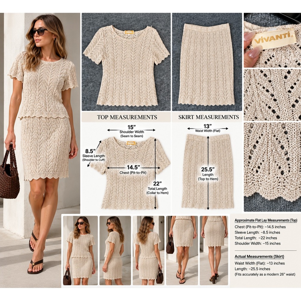 Vivanti 2 Piece Knit Top Skirt Set Womens XS Beige Pointelle Crochet Vintage